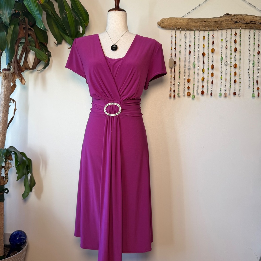 Vintage R&M Richards Magenta Pink Rhinestone O-Ring Midi Formal Dress 16 Fairy